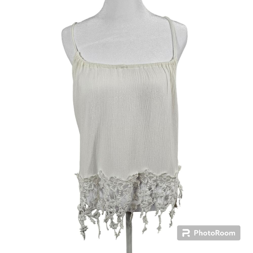 Aiden Y Sleeveless Gauze-like Flowy Crocheted Floral Fringe Crop Top L